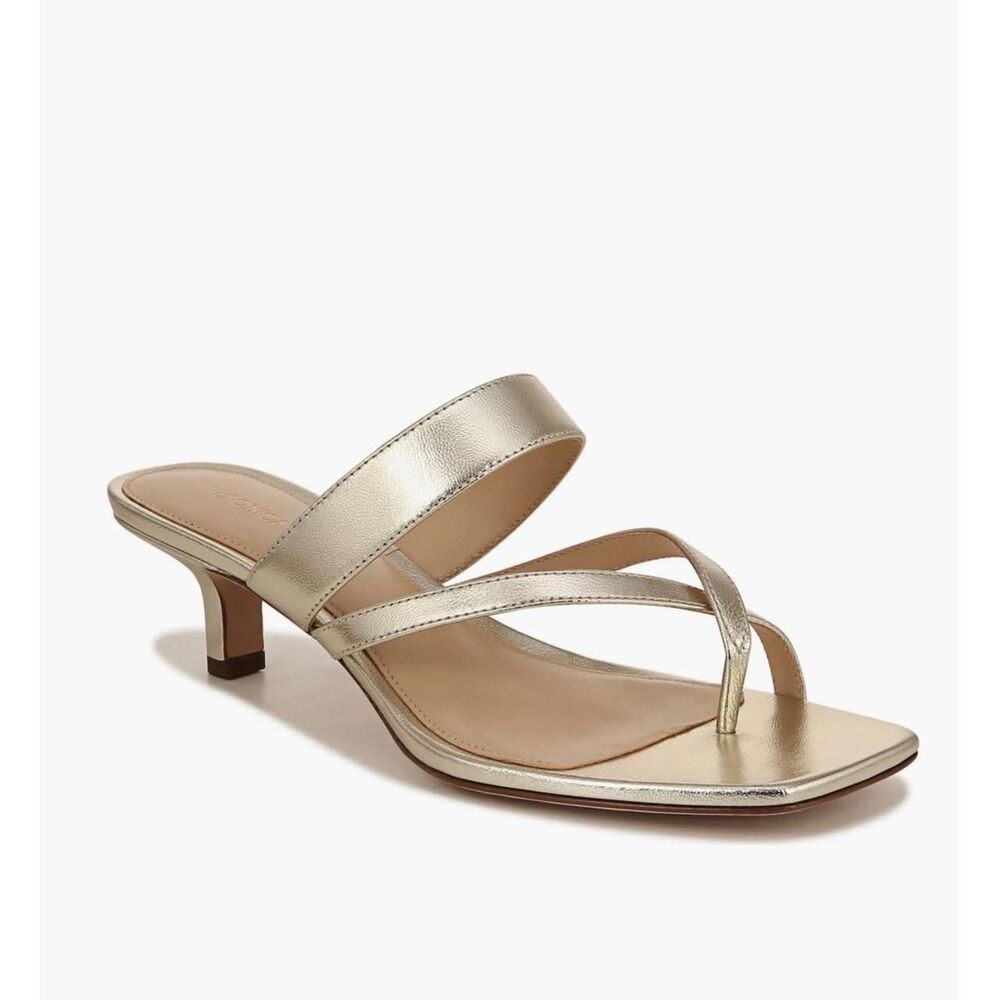 Veronica Beard Alanis Gold Metallic Leather Square Toe Kitten Heel Mules Size 9